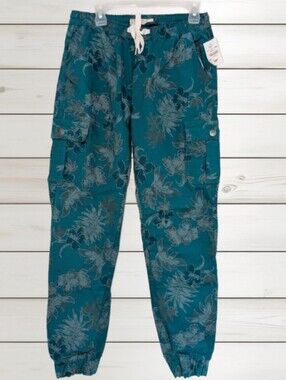 Amnesia Floral Cargo Joggers NWT Size Large Teal Utility Pants Drawstring